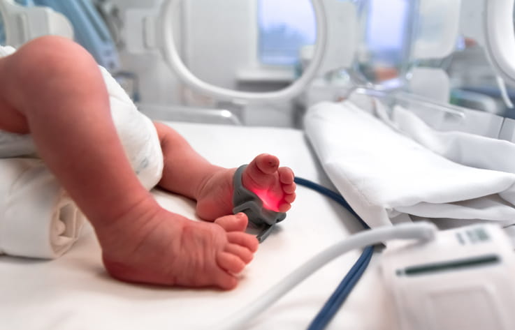 Focus is on a newborn's feet as they're hooked up to monitors in the NICU after a birth injury.