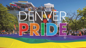 image of downtown denver with denver pride text over it.